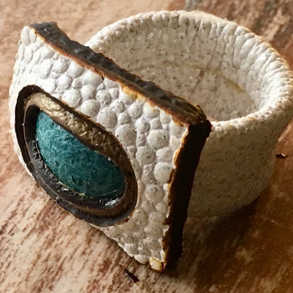 Handmade, white textured vegan leather ring